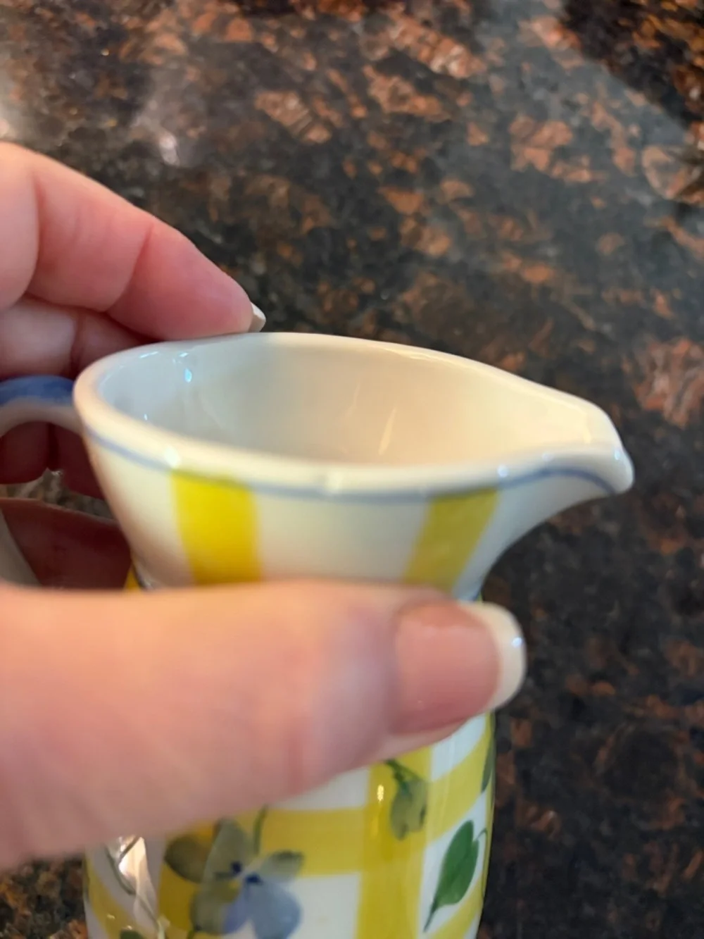 Andrea by Sadek  yellow lattice and violet Vintage hand painted 6 oz creamer.
